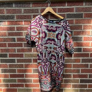 Angie Burgundy Orange and Black Floral Paisley Mandala Dolman 1/2 Sleeve Dress